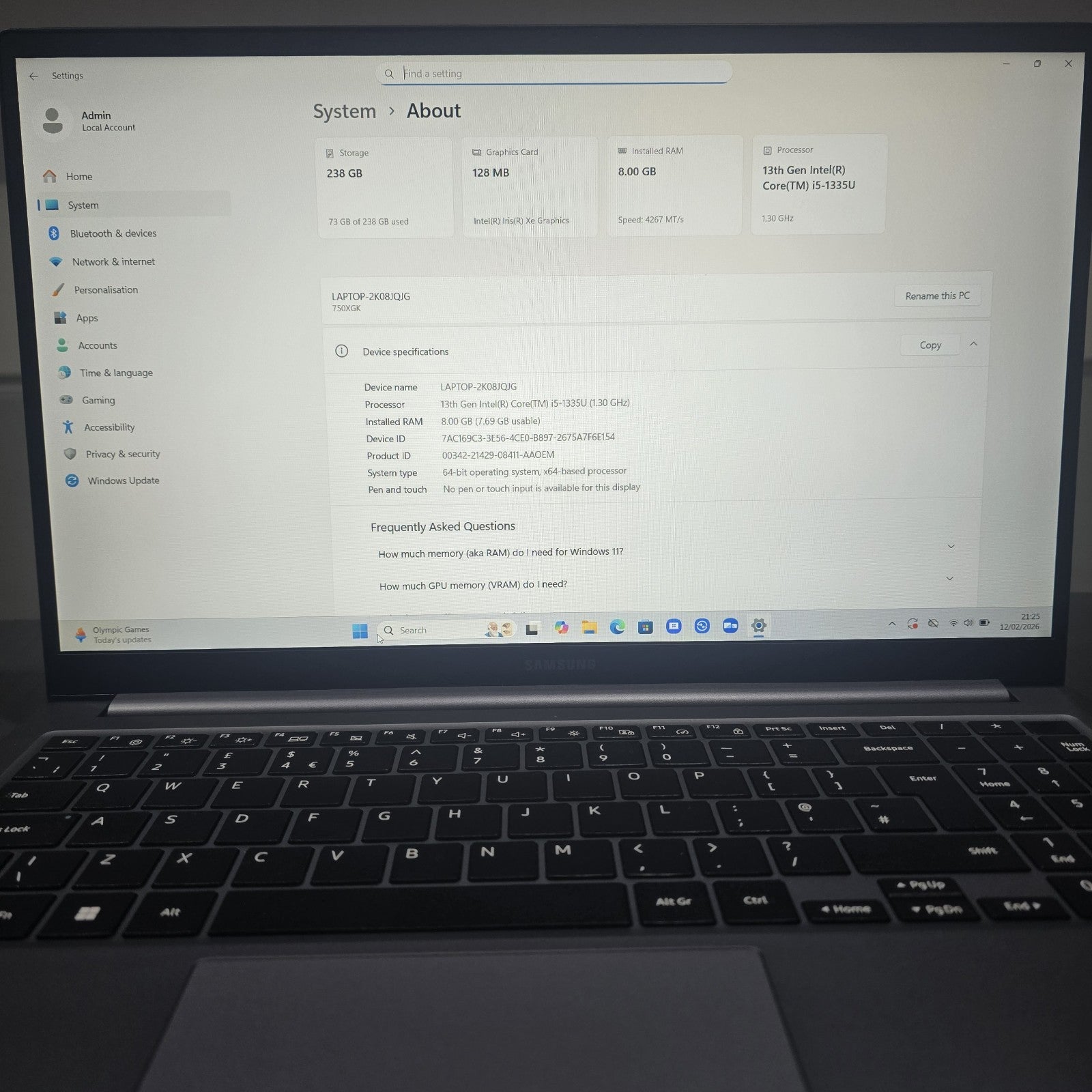 Samsung Galaxy Book4 i5 8GB 256GB 15.6" Grade C Issue #105A9